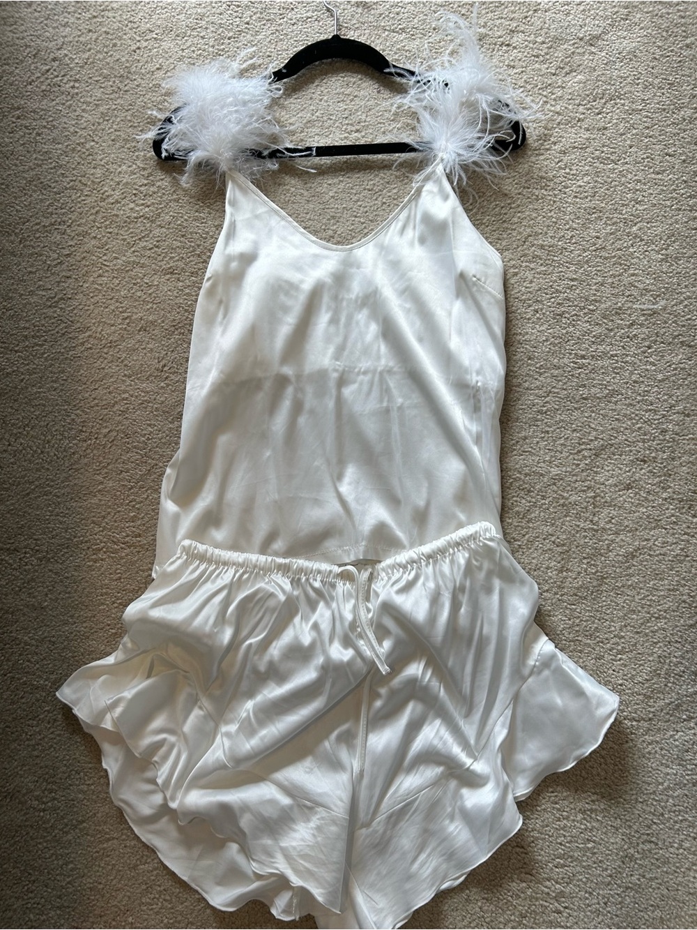 Source Unknown White Satin Feather-Trim Sleep Romper Set